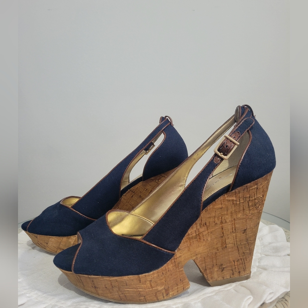 BCBG denim wedge sandal